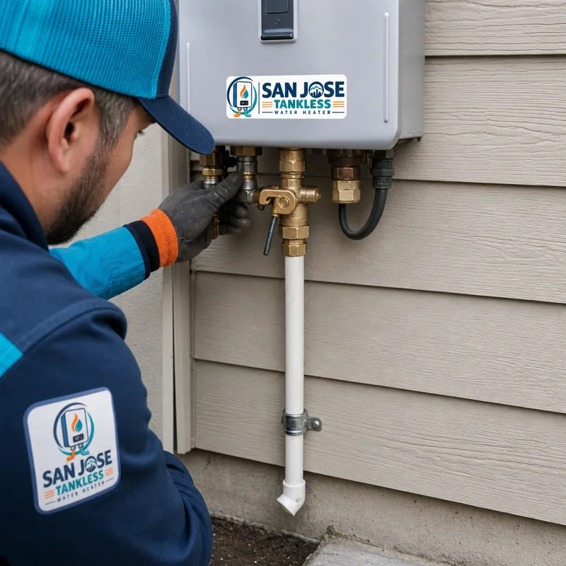 Correctly installed TPR valve discharge line routed downward with appropriate termination beside a water heater