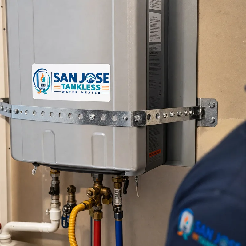 Clearly visible seismic straps with proper placement and anchoring on a garage-installed water heater