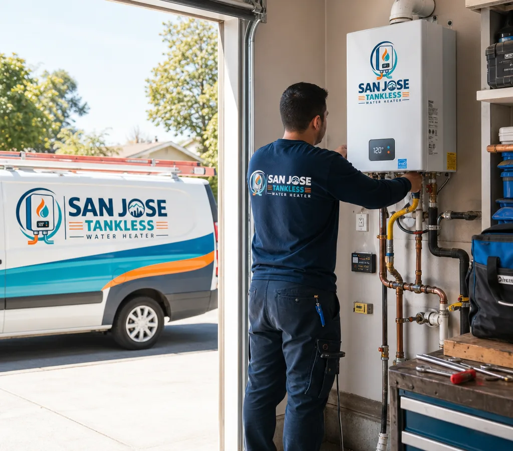 Technician working safely on a residential water heater in a San Jose garage