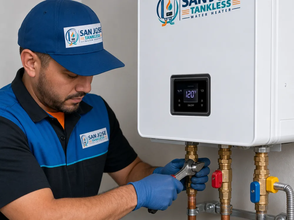 Wall-mounted tankless water heater with isolation valves and service ports in a clean utility area