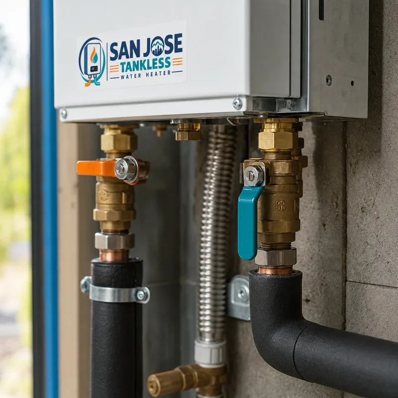 Close-up of clean water heater piping transitions and accessible isolation and shutoff valves