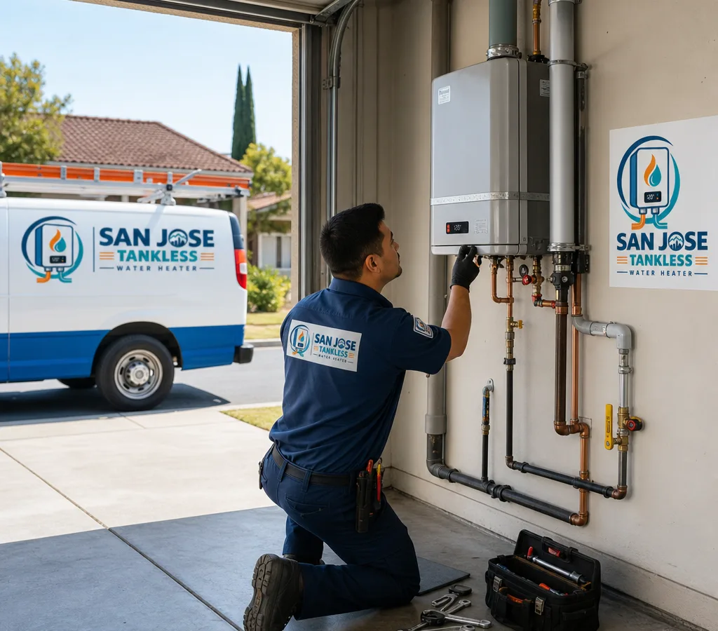 Licensed technician installing a properly strapped water heater with visible venting and shutoff valves in a San Jose garage