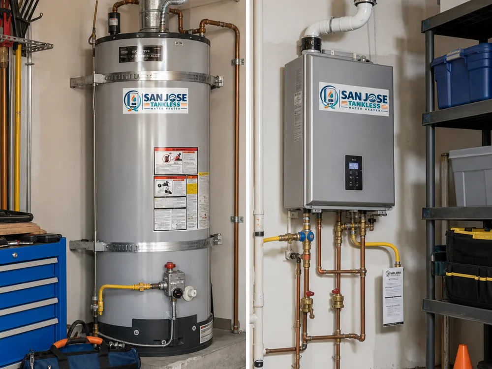 Properly installed tank water heater and wall-mounted tankless unit in typical San Jose garage and utility settings