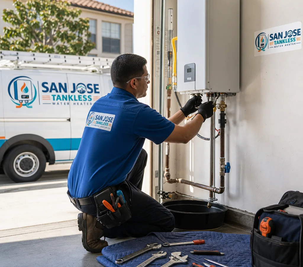 Licensed plumber working neatly on a residential water heater in a San Jose garage