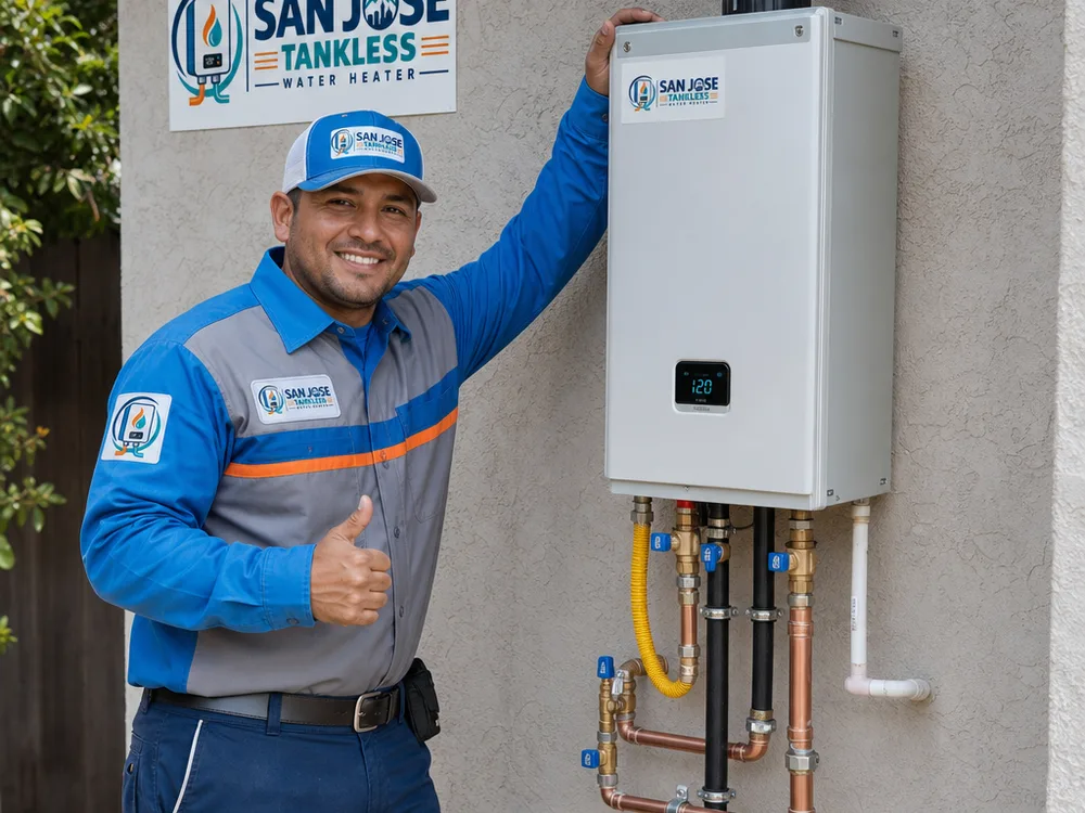 Wall-mounted tankless water heater with tidy piping, isolation valves, venting, and condensate management
