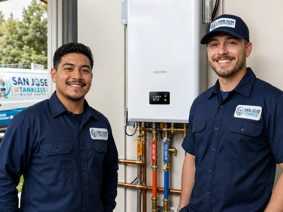 Two technicians beside a completed water heater installation with tidy piping and labeled shutoff valves